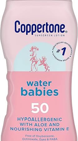 Coppertone WaterBabies Baby Sunscreen Lotion SPF 50, Hypoallergenic Sunscreen for Babies, Water Resistant, Pediatrician Recommended, 8 Fl Oz Bottle