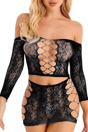 Womens Lingerie Set Fishnet Babydoll Sexy Bodysuit Mesh Chemise Nightwear Hollow Out Rave Outfit for Dance Music Festival Crop Top + Highwaist Mini Skirt Teddy Black Two Piece