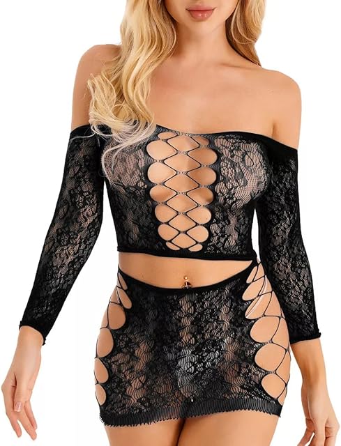Womens Lingerie Set Fishnet Babydoll Sexy Bodysuit Mesh Chemise Nightwear Hollow Out Rave Outfit for Dance Music Festival Crop Top + Highwaist Mini Skirt Teddy Black Two Piece