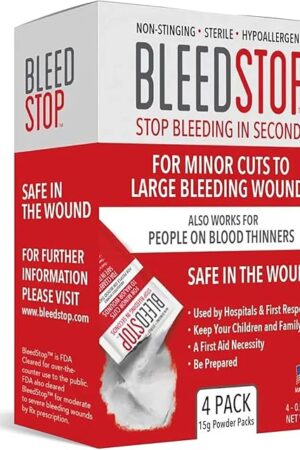 BleedStop? First Aid Powder for Blood Clotting, Trauma Kit, Blood Thinner Patients, Camping Safety, and Survival Equipment for Moderate to Severe Bleeding Wounds or Nosebleeds - 4 (15g) Pouches