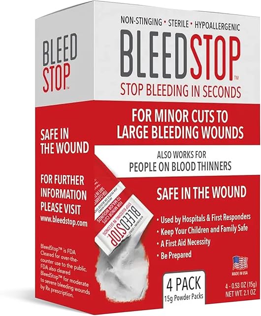 BleedStop? First Aid Powder for Blood Clotting, Trauma Kit, Blood Thinner Patients, Camping Safety, and Survival Equipment for Moderate to Severe Bleeding Wounds or Nosebleeds - 4 (15g) Pouches
