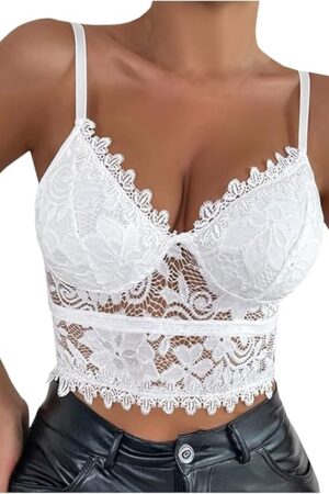 Women Sexy Lingerie Floral Mesh Underwear Corset Lace Underwire Bralette See Through Sleepwear Lace Bra and Panty Set White