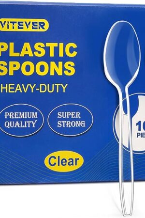 [100 Count] Clear Plastic Spoons Heavy Duty, Premium Disposable Spoons, Durable Plastic Cutlery for for Parties, Picnics, Big Event, Daily Use - Heat Resistant & BPA Free - Clear
