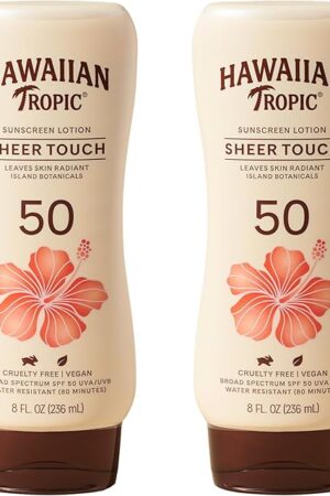 Hawaiian Tropic Sheer Touch Lotion Sunscreen SPF 50, 8oz Twin Pack | Hawaiian Tropic Sunscreen SPF 50, Sunblock, Broad Spectrum, Oxybenzone Free, 8oz each