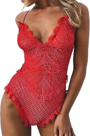 Women Sexy Lace Up Teddy Lingerie Bodysuit Floral Embroidered Mesh Sheer Cut Out Women's Lingerie Plus Size Comfy