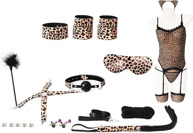 17 Pcs Sexy Lingerie for Women w Bondage Gear & Accessories, Leopard Womens Lingerie Sexy Bdsm Kit, Thongs Garter Lingerie Sets for Women Sexy, Sex Bondage Restraints Blindfold Bdsm Toys