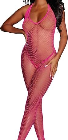 Women's Diamond Net Fishnet Halter Crotchless Bodystocking, Neon Pink, One Size