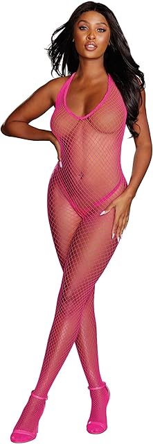 Women's Diamond Net Fishnet Halter Crotchless Bodystocking, Neon Pink, One Size