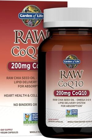 Garden of Life CoQ10 200mg, Vegetarian Omega 3 6 9 Supplement Raw Co Q 10 Chia Seed Oil, Whole Food Nutrition with Antioxidant Support, Coenzyme q10 Supplement for Heart Health, 60 Capsules