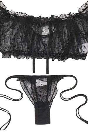 Women's Sheer Mesh Lingerie Off Shoulder Ruffle Bra Top Panty set Floral Babydoll Outfits