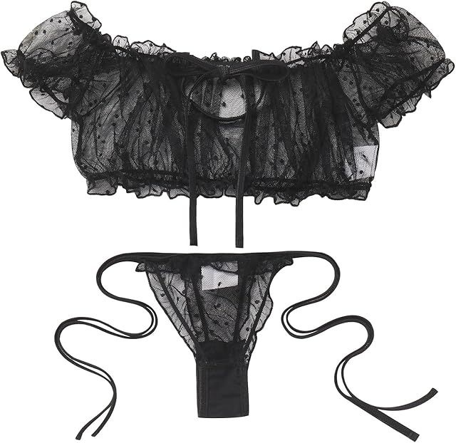 Women's Sheer Mesh Lingerie Off Shoulder Ruffle Bra Top Panty set Floral Babydoll Outfits