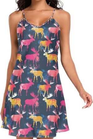 Womens Satin Nightgown Spaghetti Strap Moose Sleepwear Sexy V Neck Lingerie Dress Nightwear