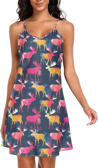 Womens Satin Nightgown Spaghetti Strap Moose Sleepwear Sexy V Neck Lingerie Dress Nightwear