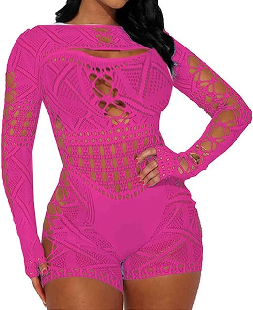Fishnets Bodysuits for Women Sexy Jumpsuits Mesh Long Sleeve Bodystockings Lace Lingerie for Women Sexy Costumes