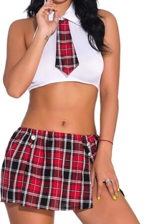 Women Schoolgirl Lingerie Sexy Outfits Costumes Lingerie Set with Tie Top Shirt and Mini Skirt