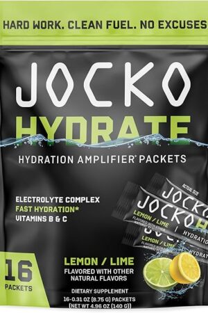 Jocko Fuel Packets Low Sugar - Hydration Amplifier Packets for Recovery, Dehydration, & Exercise - with Vitamins B6, B12 & C (16 Packets) Lemon Lime