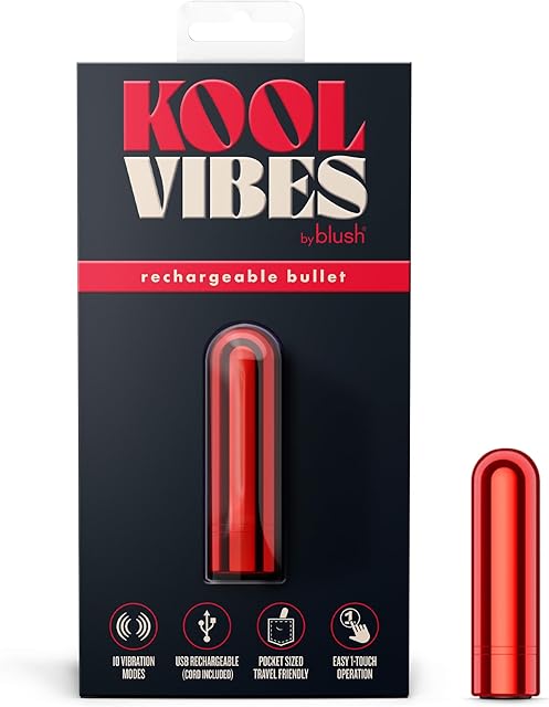 Blush Kool Vibes 25" Mini Bullet Vibrator, Quiet Pocket Clitoral Stimulator - 10 Vibrating Functions (5 Speeds & Patterns) USB Rechargeable - Bedroom Pleasure Adult Sex Toy for Women - (Cherry)