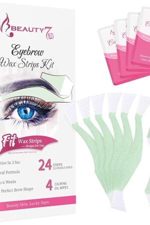 Beauty7 Facial Wax Strips Kit for Hair Removal - Eyebrow Wax Strips at Home - 24 Strip, 4 Calming Oil Wipes for Sensitive All Skin Types for Women