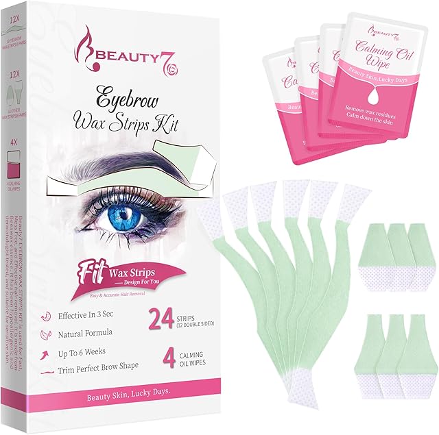 Beauty7 Facial Wax Strips Kit for Hair Removal - Eyebrow Wax Strips at Home - 24 Strip, 4 Calming Oil Wipes for Sensitive All Skin Types for Women