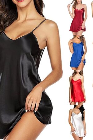 Womens Satin Nightgown Sexy Deep V Neck Silk Mini Slip Chemise Nightwear Spaghetti Dressy Casual Sleeveless Sleepwear