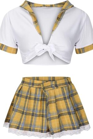 Women Schoolgirl Lingerie Sexy Roleplay Student Costumes Lingerie Set Crop Top and Mini Plaid Skirt Uniform Outfits