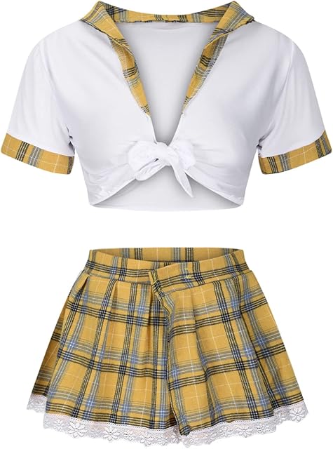 Women Schoolgirl Lingerie Sexy Roleplay Student Costumes Lingerie Set Crop Top and Mini Plaid Skirt Uniform Outfits