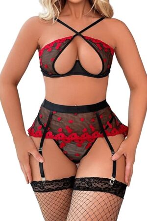 Women's Sexy Lips Print Criss Cross Lace Mesh Cut Out Garter Belt Lingerie Set with Stocking