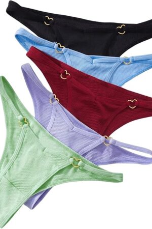 Women's 5 Pack Heart Ring Thong Low Rise Panty Set Knitted Comfy Underwear