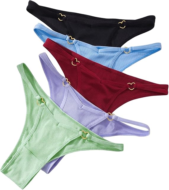 Women's 5 Pack Heart Ring Thong Low Rise Panty Set Knitted Comfy Underwear