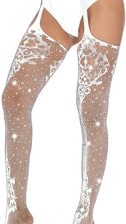 High Waist Tights Stockings Sparkle Rhinestone Fishnet Pantyhose Sexy Mesh Hollow Out Garterbelt Stockings for Women