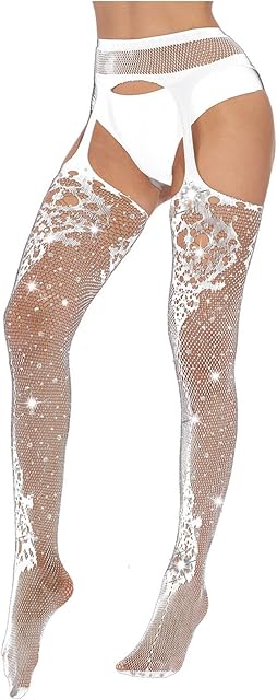 High Waist Tights Stockings Sparkle Rhinestone Fishnet Pantyhose Sexy Mesh Hollow Out Garterbelt Stockings for Women
