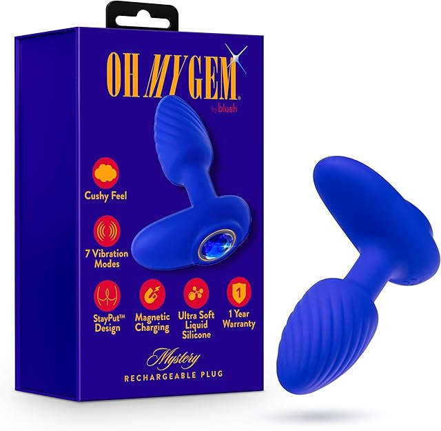 Blush Novelties - Blush Oh My Gem ? Mystery 4 Inch Vibrating Anal Plug Massager with Stayput? Design & Sapphire Gem Base - 7 Vibration Modes - Platinum Cured Liquid Silicone - Adult Sex Toy - in Blue