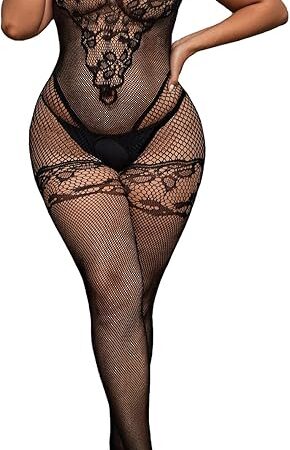 Womens Sexy Mesh Lingerie Set Hollow Out Fishnet BabyDoll Floral Lace Bodysuit One Piece Nightwear Clubwear