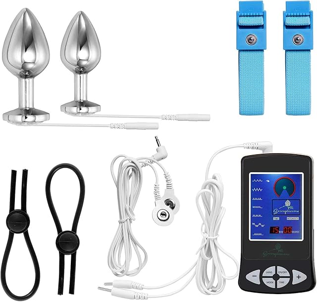 Electric Anal Plug and Penis Ring, Greenpinecone Luxury Electric Anal Plug Set 32 mm and 25 mm,Electric Shock Butt Plug for Nerve Stimulation, with 2 Pcs Adjustable Electro Sex Cock Rings and Wires
