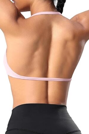 Halter Sports Bras for Women Padded Strappy Bra Open Back Workout Gym Crop