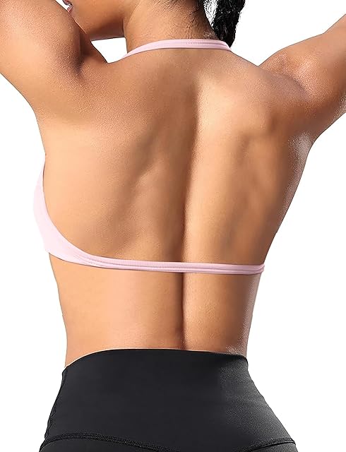 Halter Sports Bras for Women Padded Strappy Bra Open Back Workout Gym Crop