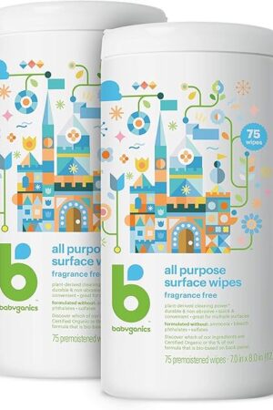 Babyganics All Purpose Surface Wipes, Fragrance-Free, 75 Count Plant Based and Non-Abrasive, No Ammonia, No Bleach (Pack of 2)