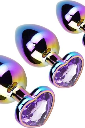 Anal Plug 3PCS Metal Butt Plug Adult Trainer Kit Heart Shaped Butt Plug Kit with Crystal Diamond Base S&M Adult Gay Anal Plugs Gifts for Beginners Couples (Light Purple/S,M,L)