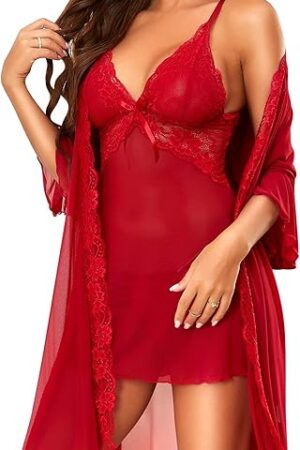 Women Sexy Lingerie Set 3 Piece Babydoll & Lace Kimono Robe Strap Chemise Nightgown Mesh Sleepwear