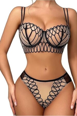 Women's 2 Piece Lingerie Set Sexy Lace Mesh Embroidered Bra Comfortable Push Up Bra and Panty Set