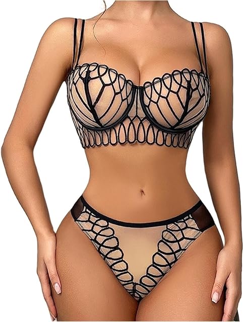 Women's 2 Piece Lingerie Set Sexy Lace Mesh Embroidered Bra Comfortable Push Up Bra and Panty Set