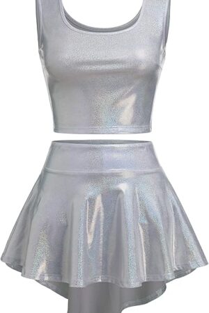 Women Rave Skirt Set Music Festival Outfits Shiny Metallic Tank Top High-Low Ruffle Mini Skirts Shorts 3PCS Dance Wear