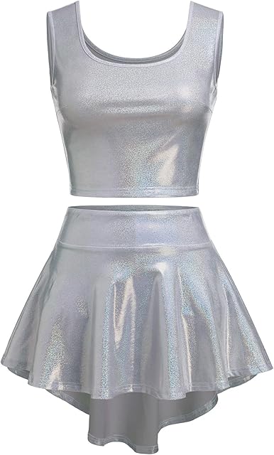 Women Rave Skirt Set Music Festival Outfits Shiny Metallic Tank Top High-Low Ruffle Mini Skirts Shorts 3PCS Dance Wear