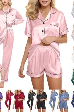 4 Piece Sexy Silk Satin Ruffled Pajamas Sets for Women Summer Pyjamas Short Sleeve Plus Size Casual Comfy Sleepwear
