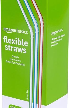 Amazon Basics Disposable Striped Plastic Flex Straws, 7.5" Long, Assorted Colors, 100 Count, Large Pack