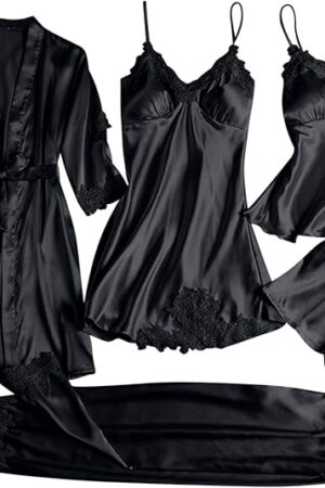 Womens Silk Pajamas Robes Set Sexy Satin Pjs Sets 5Pcs Nightgown Cami Shorts Pants Sleepwear Loungewear