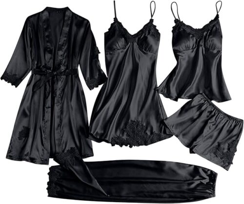 Womens Silk Pajamas Robes Set Sexy Satin Pjs Sets 5Pcs Nightgown Cami Shorts Pants Sleepwear Loungewear