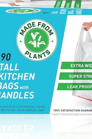Hippo Sak - Plant Based Tall Kitchen Garbage Bags with Ergonomic Handles - 13 Gallon Trash Bags - Recyclable & Eco Friendly - Super Strong and Leak Proof Tall Kitchen Trash Bags (90 Count)