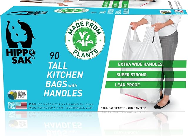 Hippo Sak - Plant Based Tall Kitchen Garbage Bags with Ergonomic Handles - 13 Gallon Trash Bags - Recyclable & Eco Friendly - Super Strong and Leak Proof Tall Kitchen Trash Bags (90 Count)