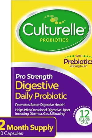 Culturelle Pro Strength Daily Probiotics For Digestive Health (2 Month Supply) with Prebiotics for Women & Men, Supports Occasional Diarrhea, Gas & Bloating, Gluten & Soy Free, 60 Count